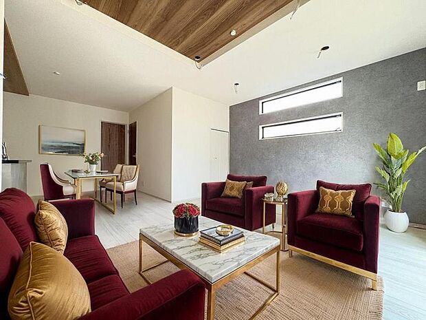 ＜リビング＞アイランドキッチン＆ウォークスルー洗面で家事動線がスムーズです。（家具イメージ）