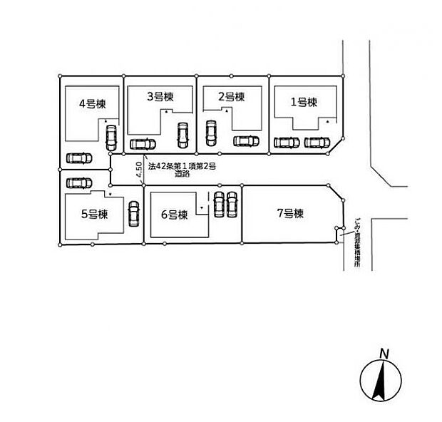 <全体区画図>全7棟 2号棟土地34坪カースペース2台有り