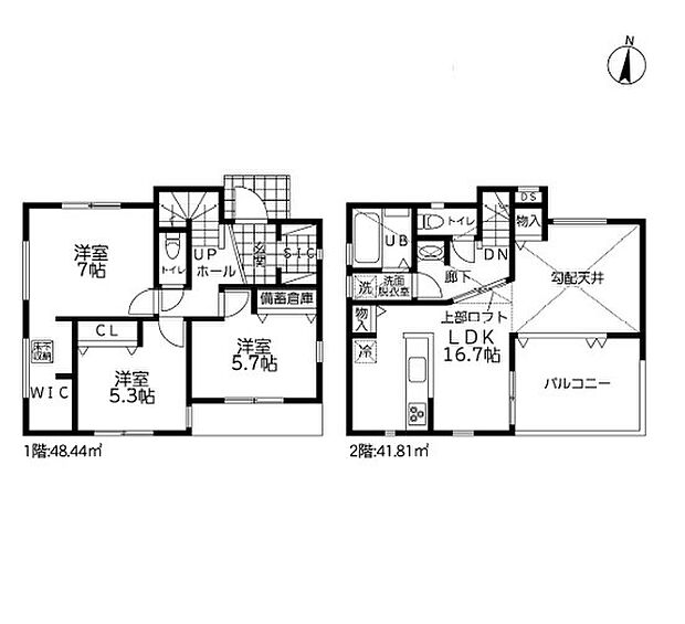 ＜間取図＞勾配天井で開放感のある2階リビングです。