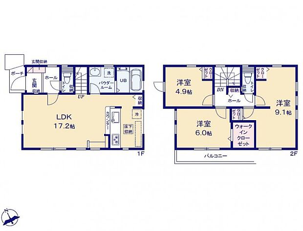 ＜間取図＞お子様の顔が見えるリビングイン階段です。