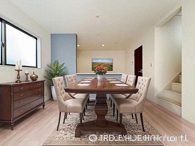 ＜ダイニング＞対面キッチン前の広いダイニングスペースでお食事を召し上がっていただけます。