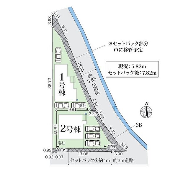 ＜全体区画図＞全2棟　1号棟カースペース3台駐車可能