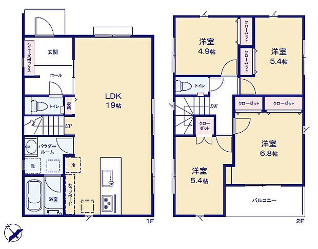 ＜間取図＞広々ＬＤＫ19帖＆家族の顔が見えるリビングイン階段が魅力です。