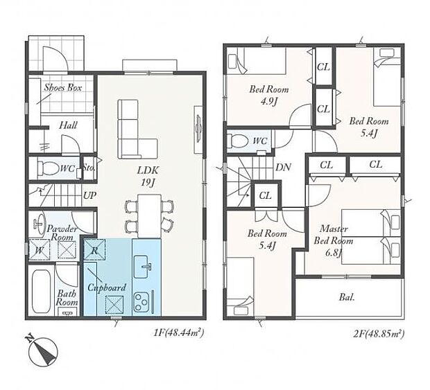 ＜間取図＞広々ＬＤＫ19帖＆家族の顔が見えるリビングイン階段が魅力です。