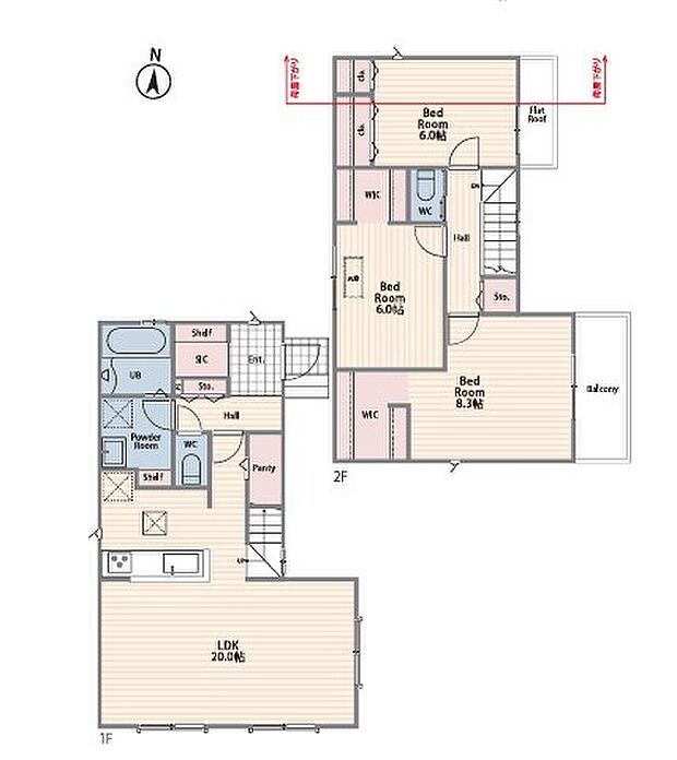 ＜間取図＞広々としたＬＤＫ20帖＆家族の顔が見えるリビングイン階段