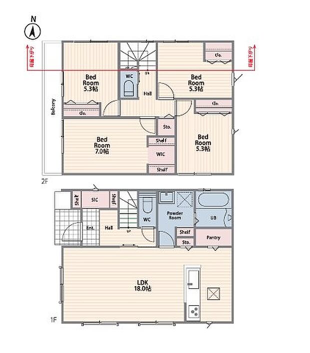 ＜間取図＞パントリー、シューズイン、ウォークインクローゼット等の収納豊富な4ＬＤＫ