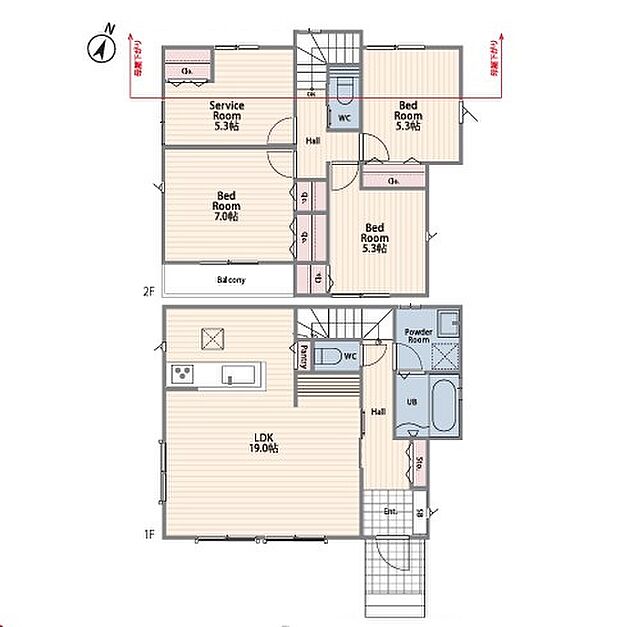 ＜間取図＞広々ＬＤＫ19帖＆家事に便利なリビングカウンター付