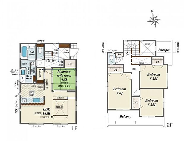 <間取図>開放感のある和室が魅力の4LDK