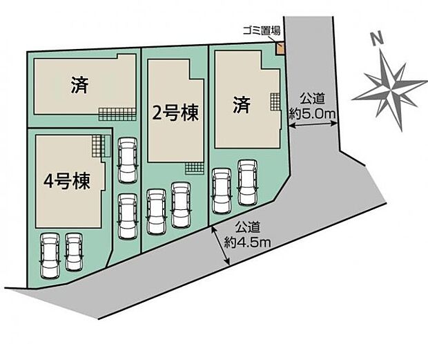 <全体区画図>全4棟4号棟 カースペース並列2台駐車可能