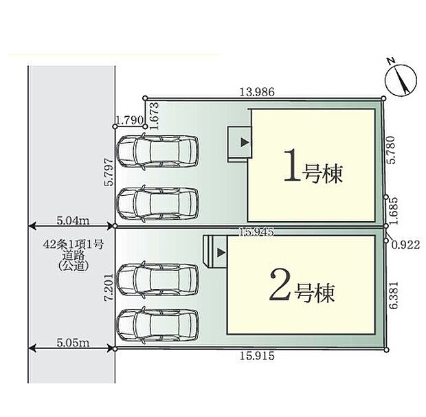 ＜全体区画図＞全2棟　1号棟　カースペース車並列2台