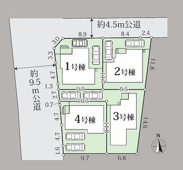 <全体区画図>全4棟 3号棟 カースペース2台有り