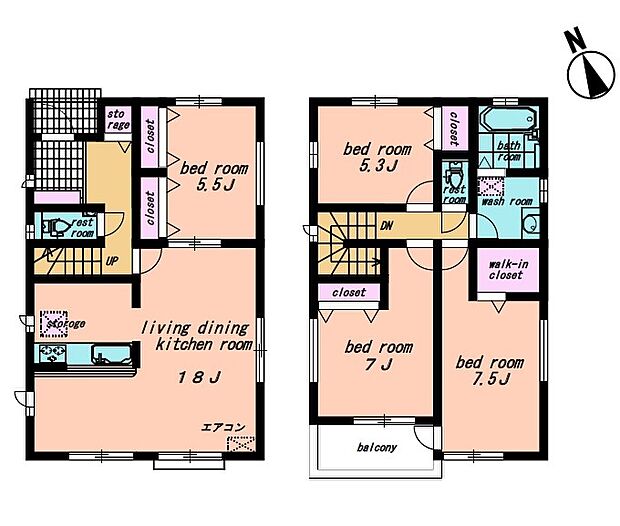 <間取図>4LDK 広々としているLDK18帖でお寛ぎいただけます。
