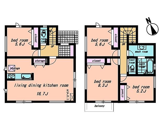 ＜間取図＞4ＬＤＫ　広々としているＬＤＫ18.7帖でお寛ぎいただけます。