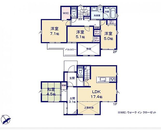 <間取図>土間を通って和室に上がるお洒落な間取りです。