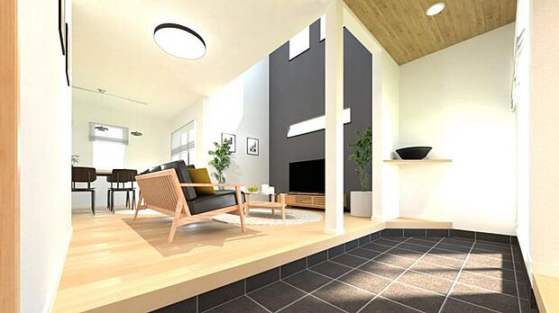 <土間イメージパース>土間からリビングと和室へと上がれます。