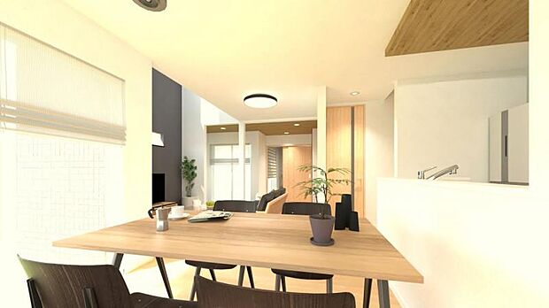 <ダイニングイメージパース>対面キッチン前の明るいダイニングスペースです。