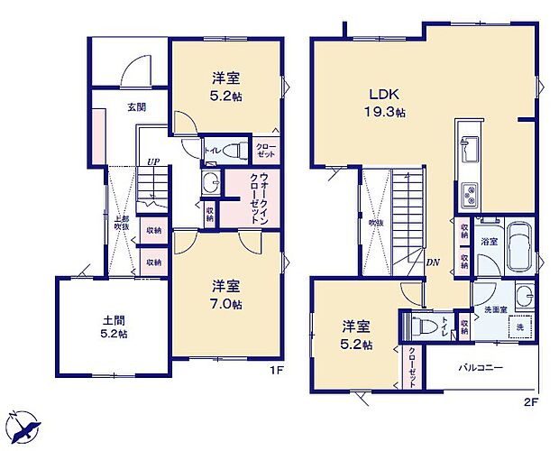 <間取図>吹き抜けのある明るい玄関を抜けて土間スペースへとつながります。