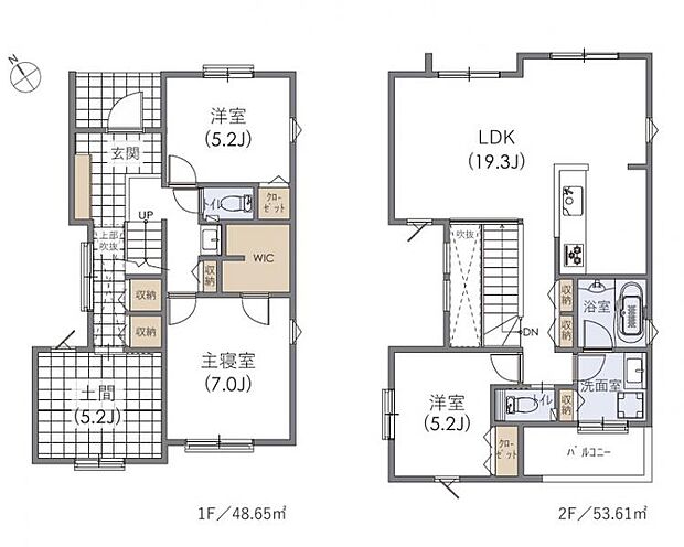 ＜間取図＞吹き抜けのある明るい玄関を抜けて土間スペースへとつながります。