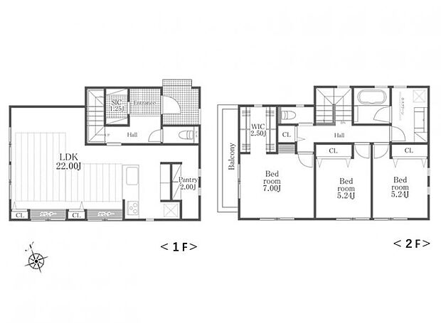 ＜間取図＞ＬＤＫ22帖でシューズインやパントリー等の収納が豊富な3ＬＤＫの間取です。