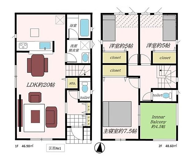 <間取図>広いインナーバルコニーが魅力の3LDKの間取です。