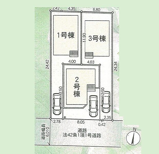 <全体区画図>全3棟 1号棟カースペース縦列2台駐車可能です。