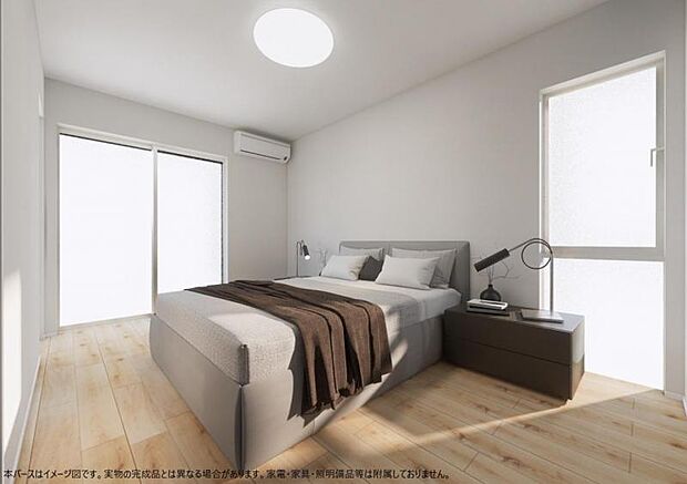 <寝室完成予想イメージパース>2面採光の明るい寝室7帖です。