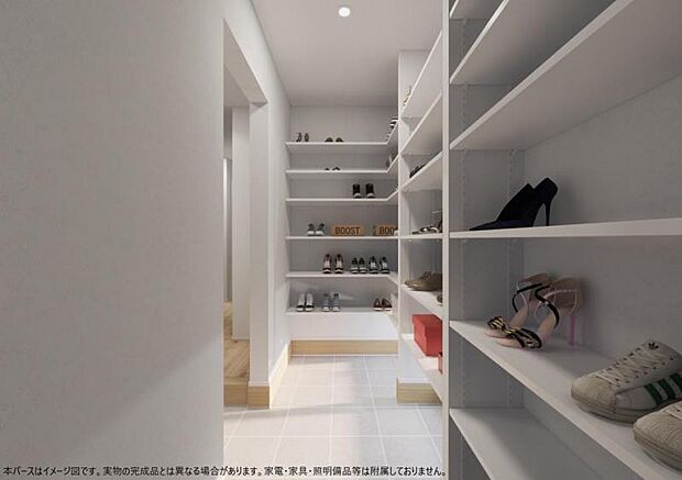 <シューズインクローゼット完成予想イメージパース>ベビーカーやゴルフバックも置ける大型シューズインクローゼットがあり便利です。