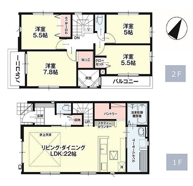 ＜間取図＞大型パントリーやランドリーのある4ＬＤＫの間取です。