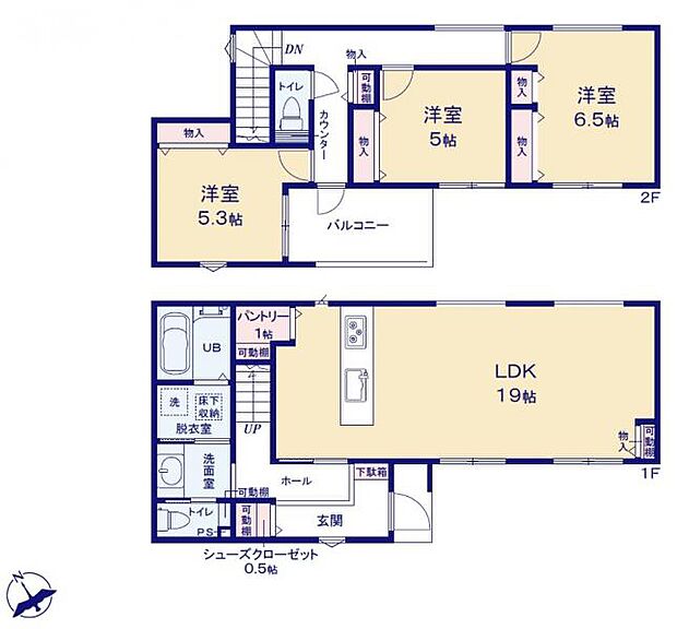 ＜間取図＞広々ＬＤＫ19帖と2階に3部屋の洋室がある3ＬＤＫの間取です。