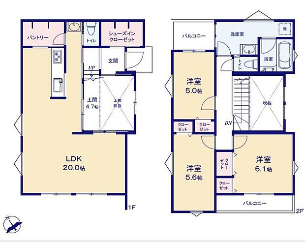 <間取図>土間を通ってリビングに上がるお洒落な間取りです。