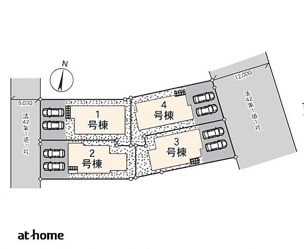 ＜全体区画図＞全4棟　4号棟　広々土地45坪　カースペース並列2台