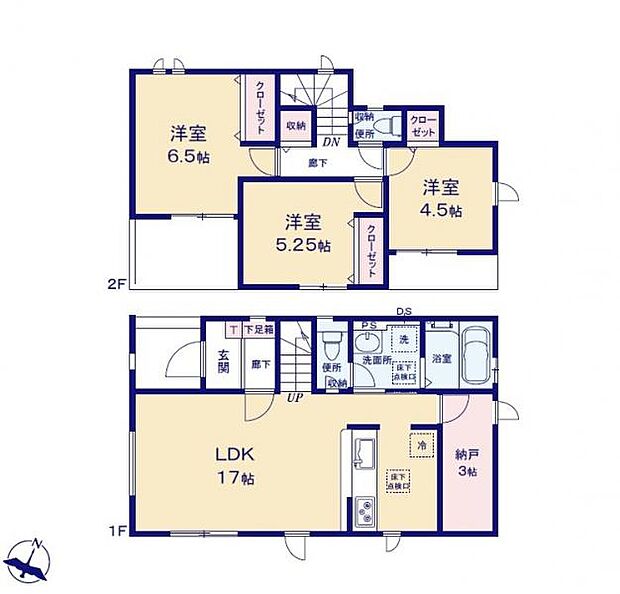＜間取図＞日用品や食料品をストックできる大型パントリーのある3ＬＤＫです。