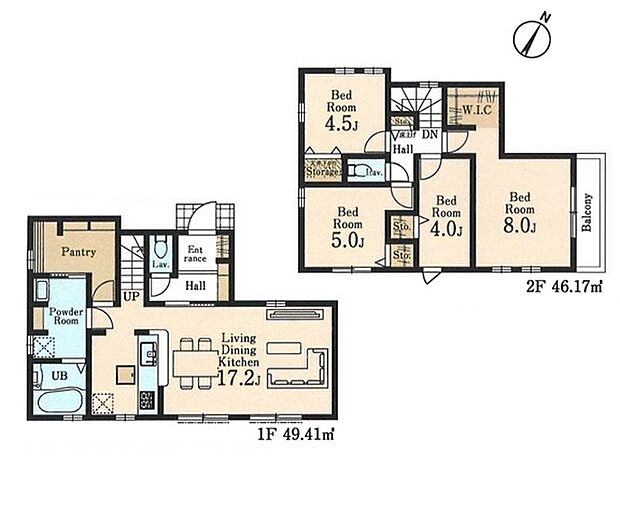 ＜間取図＞大型パントリーやウォークインクローゼット等の収納が豊富な4ＬＤＫです。