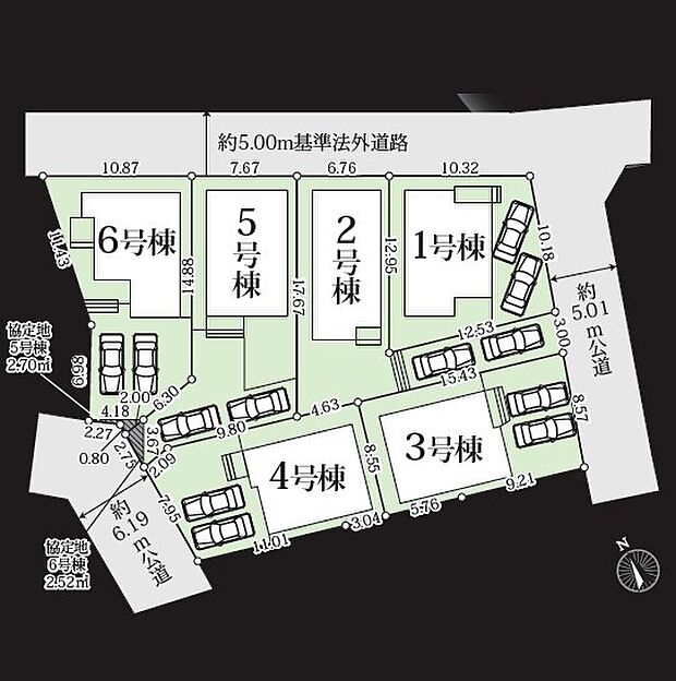 ＜全体区画図＞全6棟　1号棟　カースペース2台有り