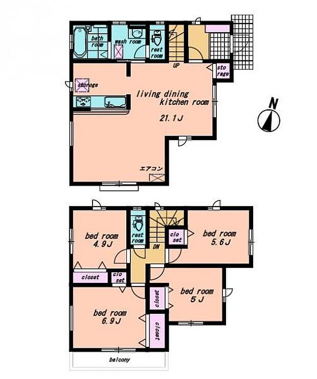 ＜間取図＞広々としているＬＤＫ21帖＆リビングイン階段が魅力の4ＬＤＫです。