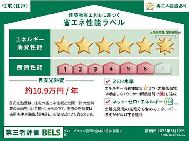 ＜省エネ性能ラベル＞太陽光発電＆蓄電池搭載のＺＥＨ水準です。