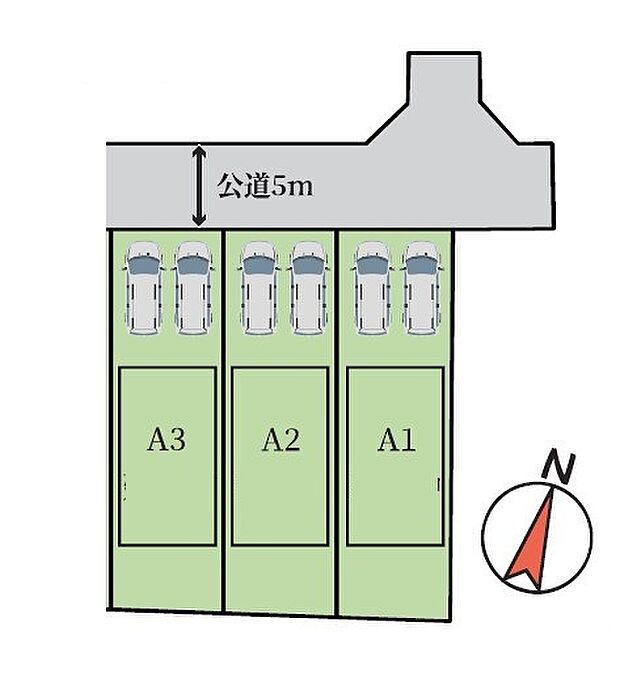 ＜全体区画図＞全3棟　Ａ2号棟　カースペース並列2台駐車可能です。