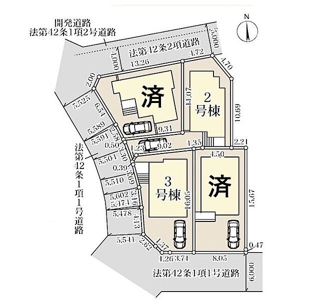 ＜全体区画図＞全4棟　3号棟　カースペース並列2台駐車可能です。