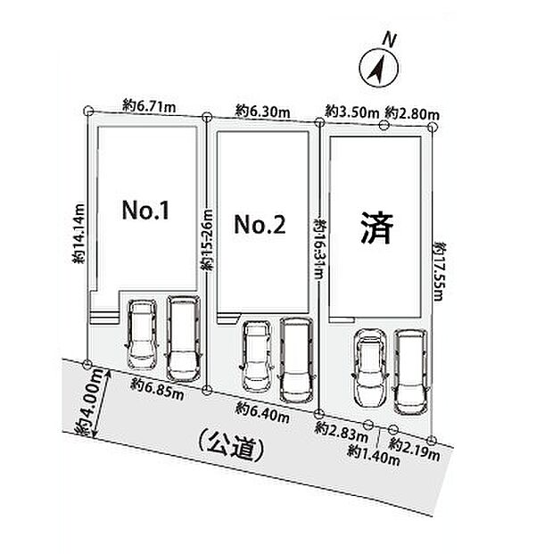 <全体区画図>全3棟 NO1 南道路に面して陽当たり良好 カースペース並列2台