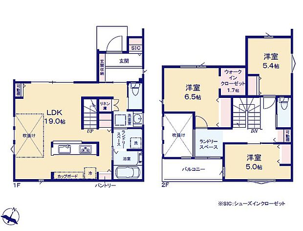 <間取図>吹き抜けのある明るいLDK19帖が魅力の3LDKです。