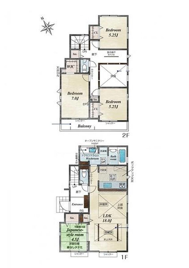 ＜間取図＞ダイニング上部に吹き抜けのある明るい4ＬＤＫの間取です。