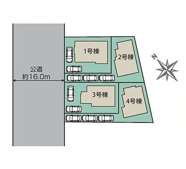 ＜全体区画図＞全4棟　2号棟　カースペース3台駐車可能です。