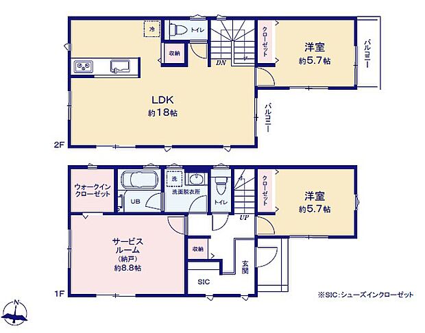 <間取図>開放感のある2階リビングのLDK18帖です。