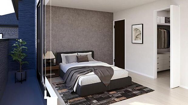 <主寝室完成予想イメージパース>主寝室7.8帖にはご夫婦で使えるウォークインクローゼットもあり便利です。