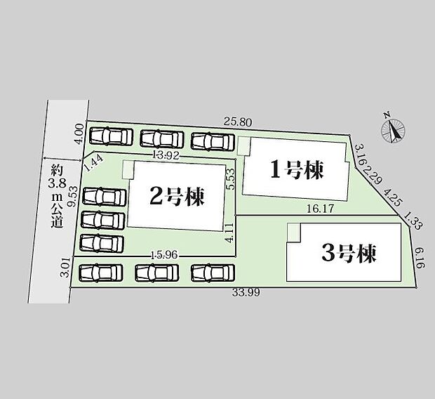 <全体区画図>全3棟 2号棟 カースペース並列3台駐車可能