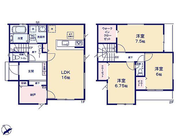 <間取図>玄関から使える納戸がある3LDKの間取です。