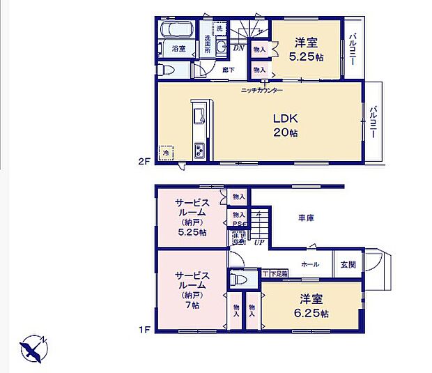 <間取図>洋室2部屋と納戸が2ヵ所ある2LDK+2Sの間取です。