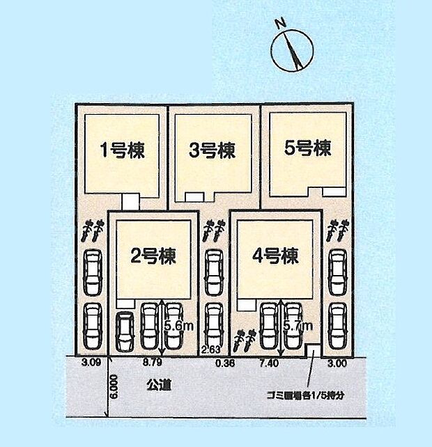 <全体区画図>全5棟 4号棟 カースペース並列2台駐車可能です。