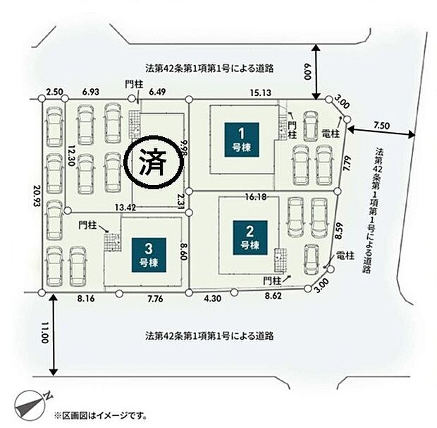 <全体区画図>全4棟 1号棟 角地に面して開放感があります。