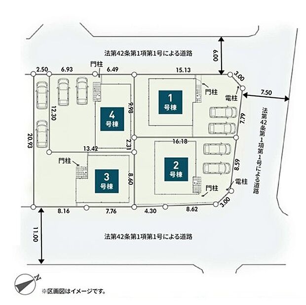 ＜全体区画図＞全4棟　2号棟　角地に面して開放感があります！